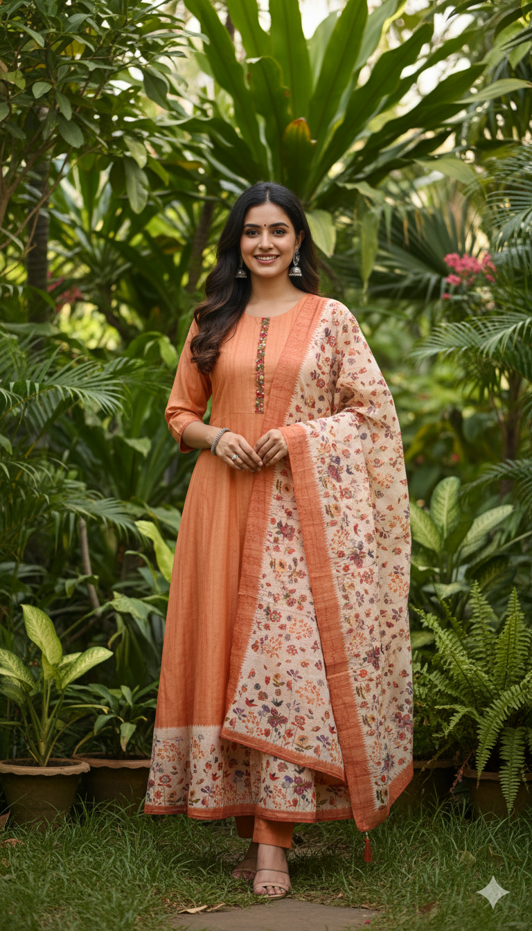 Semi raw silk with kalamkari dupatta