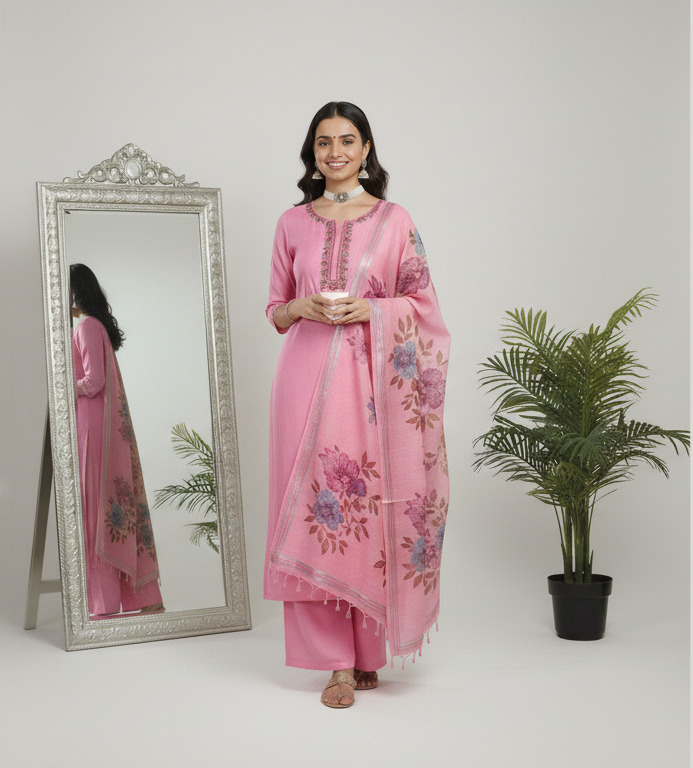 Cotton linen dress material with handwork