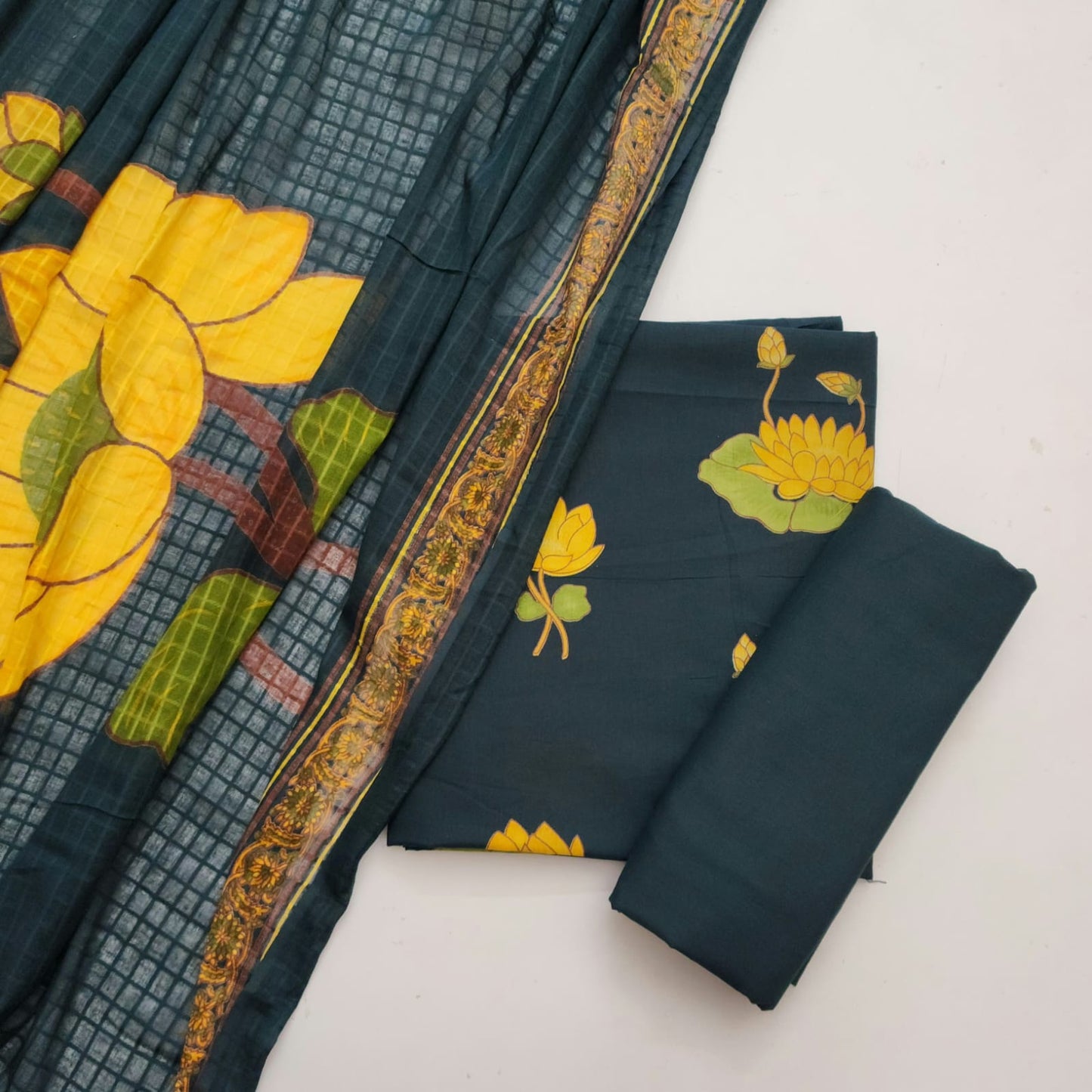 Cotton Dress Material With Self Check Dupatta