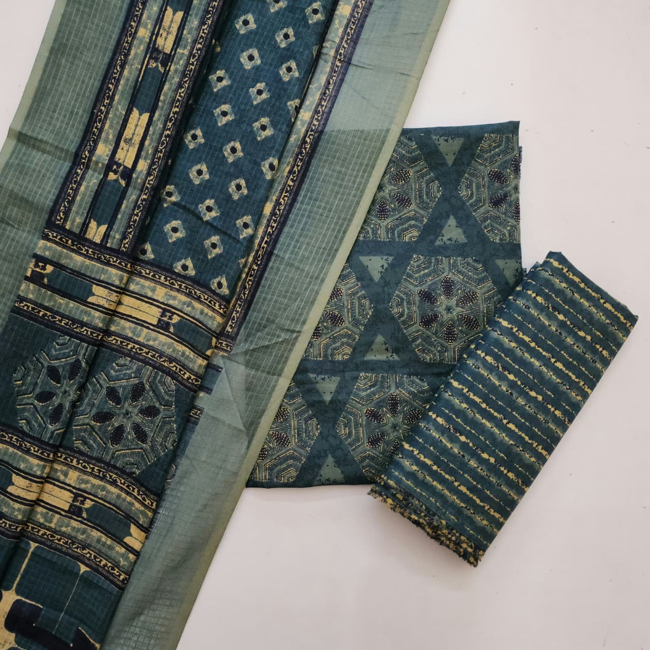 Cotton Ajrakh Print Dress Material With Kota Checks  Dupatta
