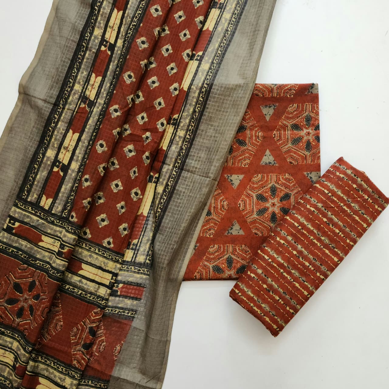 Cotton Ajrakh Print Dress Material With Kota Checks  Dupatta