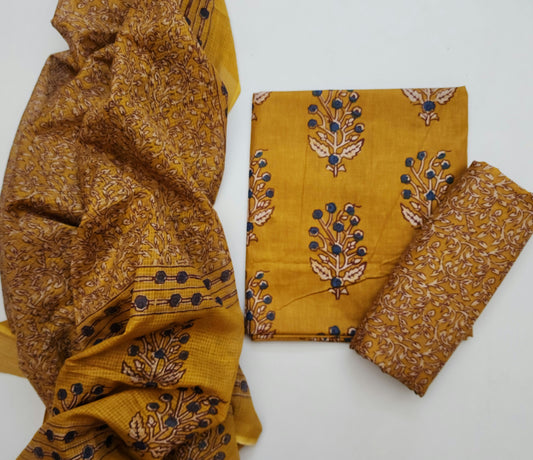 Cotton Dress Material with Kota Doria Dupatta – 3 Piece Set
