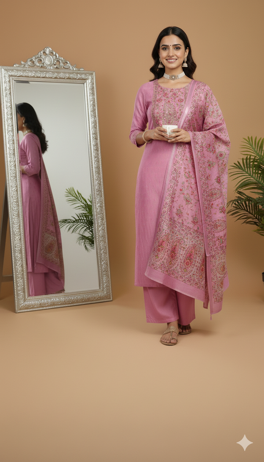 Semi Raw Silk Handwork Suit