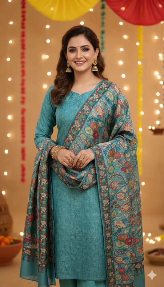Semi raw silk with kalamkari dupatta