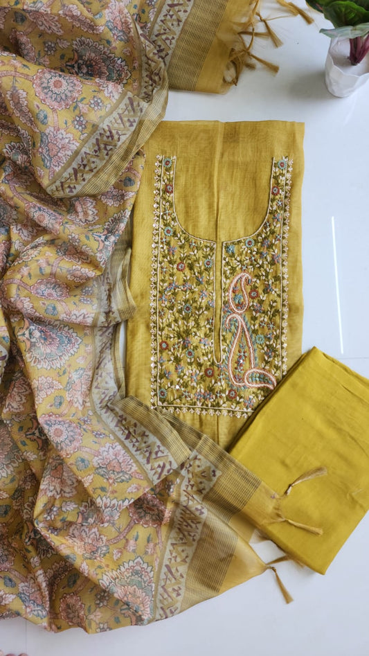 Tissue Linen  Dress Material With Hand  Work