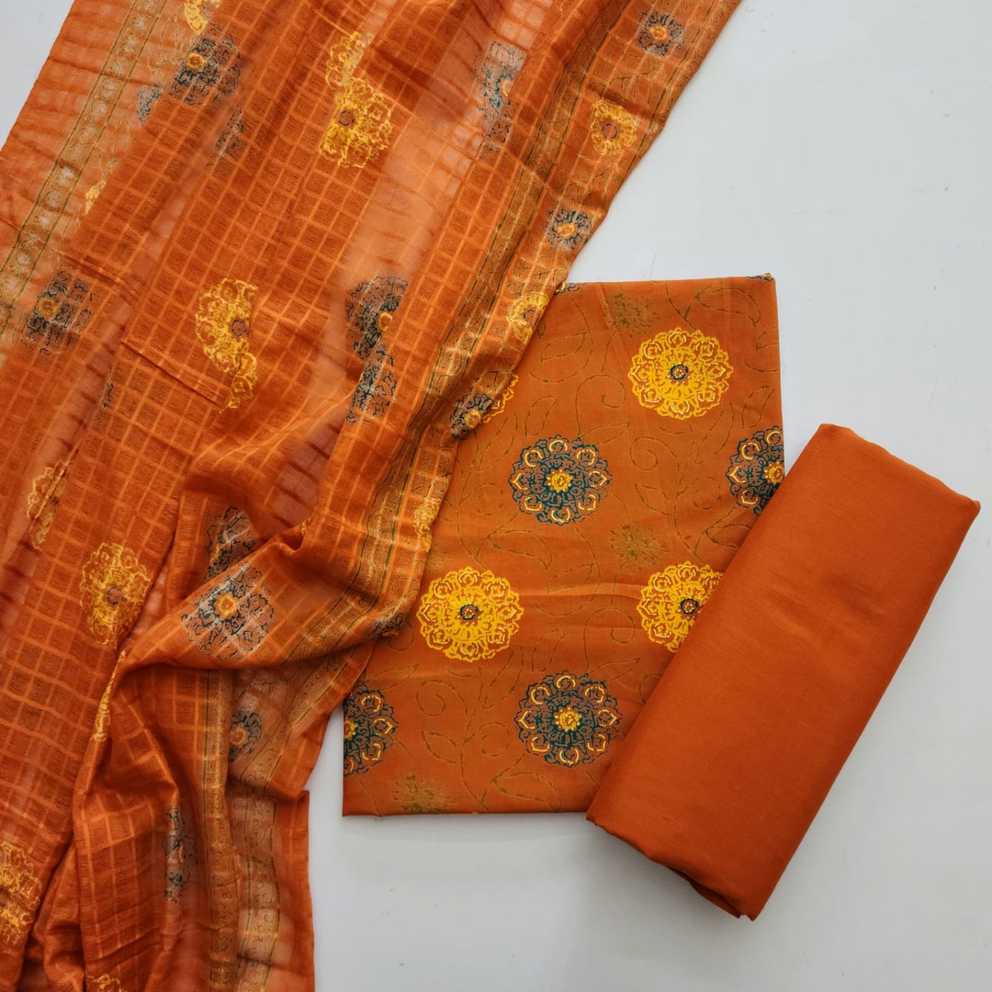 Cotton Dress Material With Self Check Dupatta