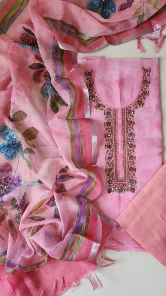 Cotton linen dress material with handwork