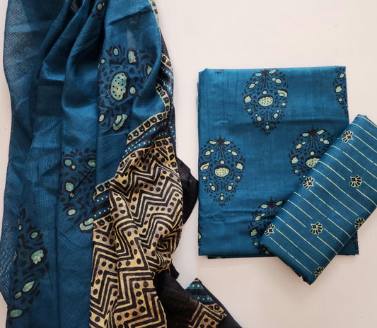 Cotton Dress Material with Kota Doria Dupatta – 3 Piece Set