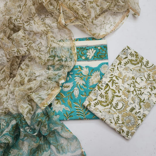 Cotton Handblock With kota doria duppata