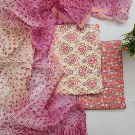 Cotton Handblock With kota doria duppata